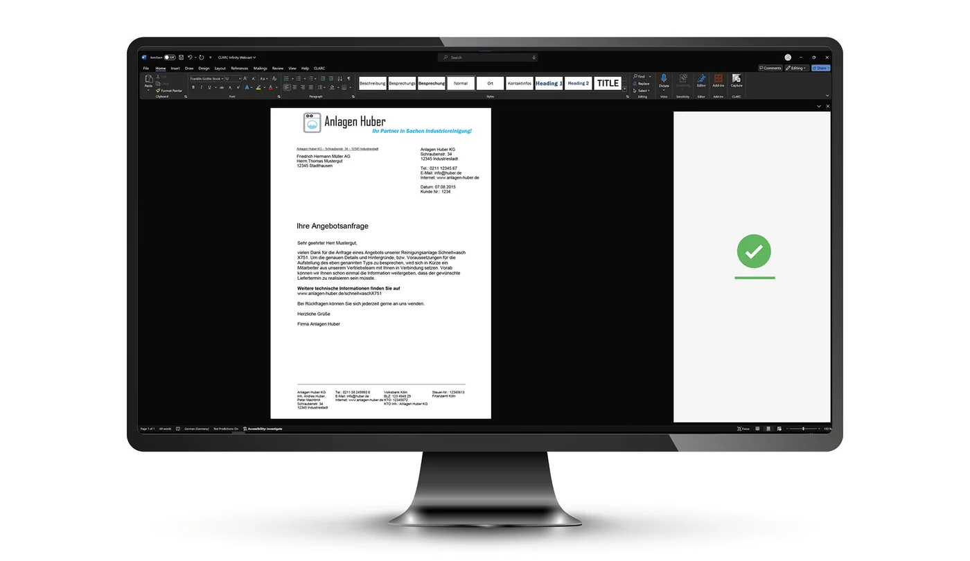 Screenshot: erfolgreicher Upload über das CLARC Add-In in Word