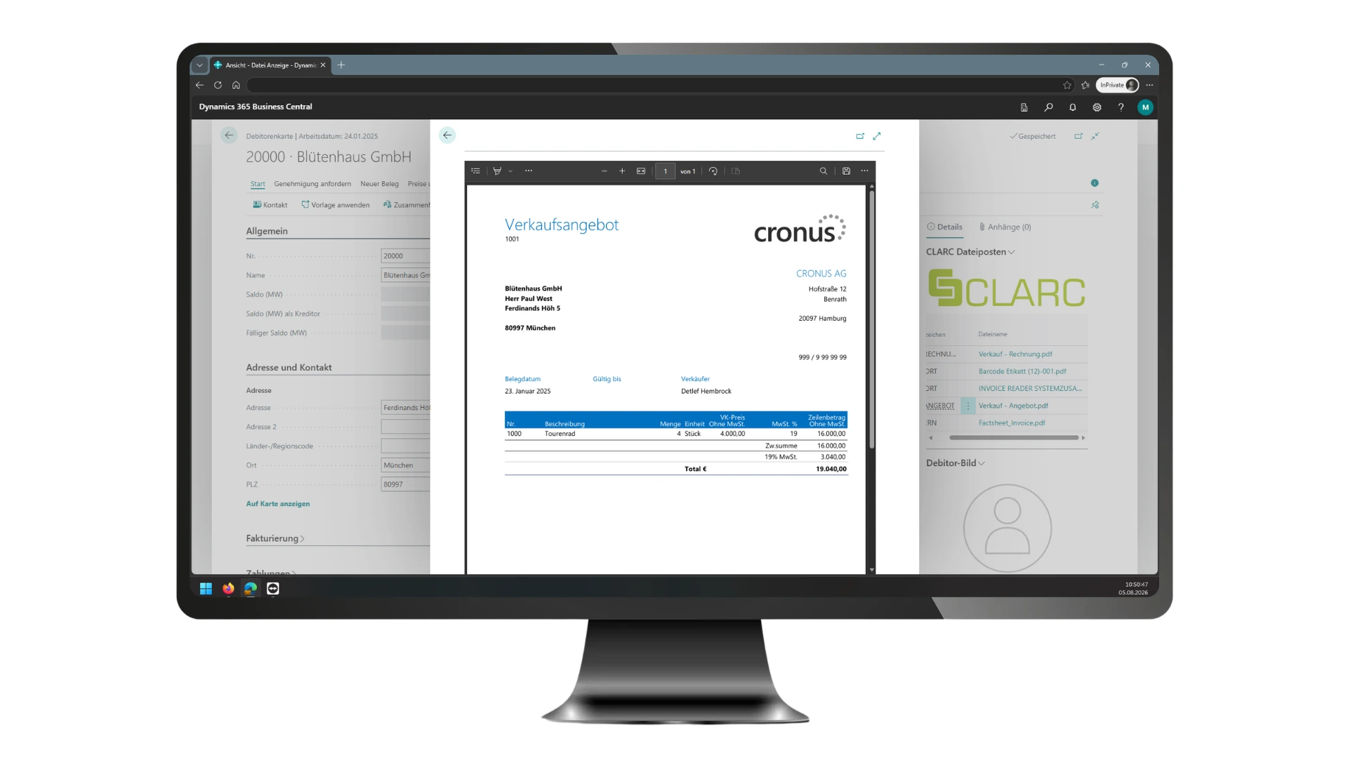 Computeransicht der Archiv-Lösung für Microsoft Business Central 365, Ansicht eines Angebotdokuments