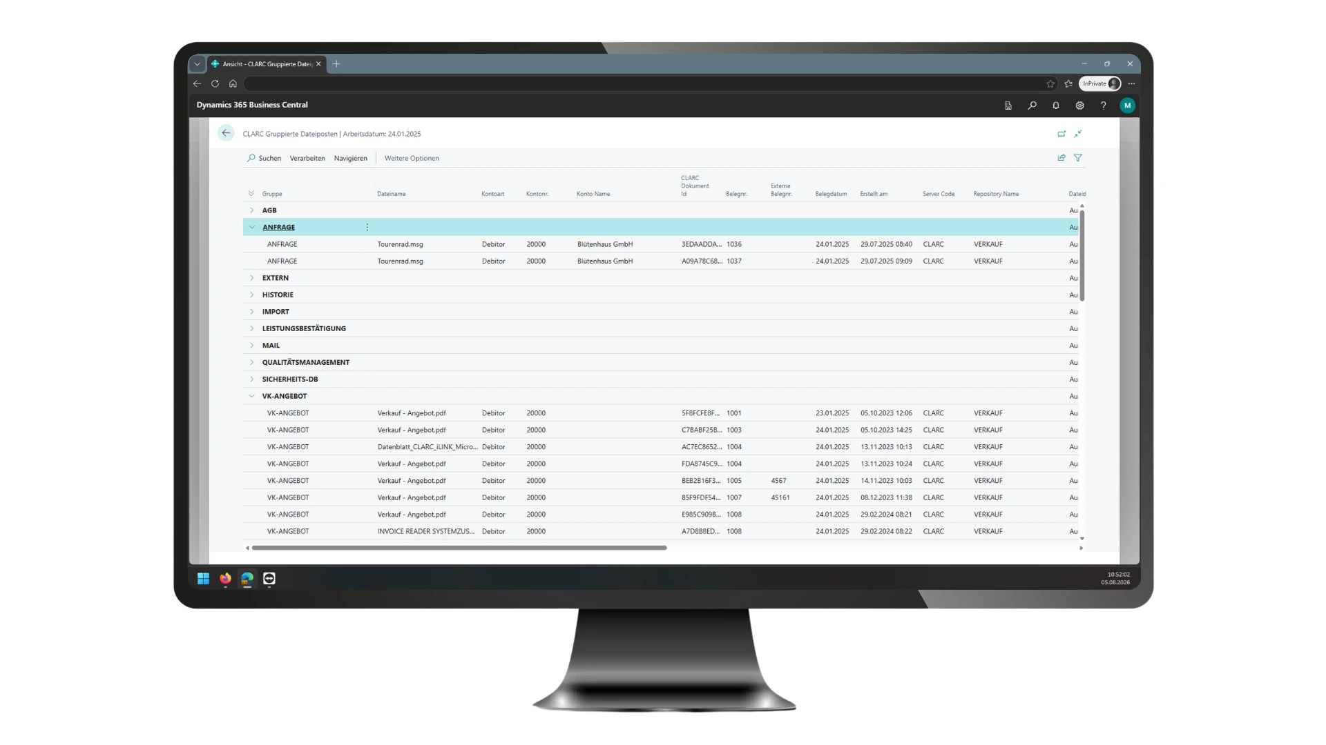 Computeransicht der Archiv-Lösung für Microsoft Business Central 365, Übersicht über Dokumente