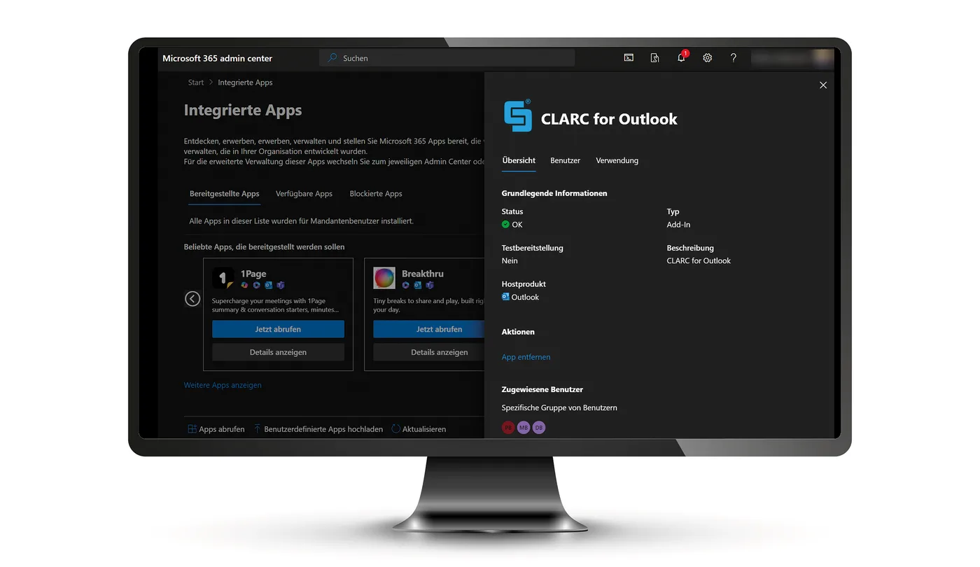 Screenshot: CLARC for Outlook mit integrierten Apps