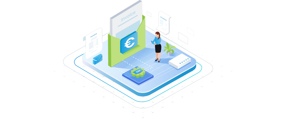 Isometrische Illustration: digitale Rechnungsbearbeitung mit ERP-Anbindung (CLARC Billing)