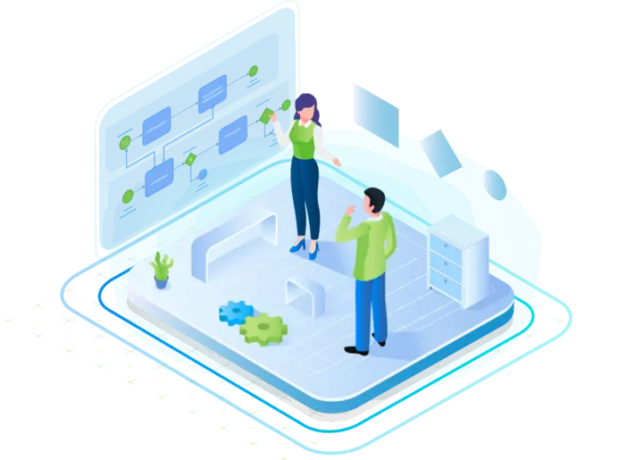 Isometrische Illustration: Zwei Personen planen einen Prozess am Workflow-Board